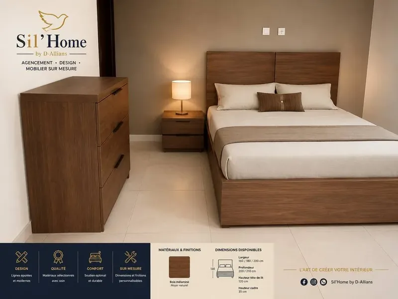 Chambre complète — lit noyer et mobilier assorti — Sil'home par D-Allians